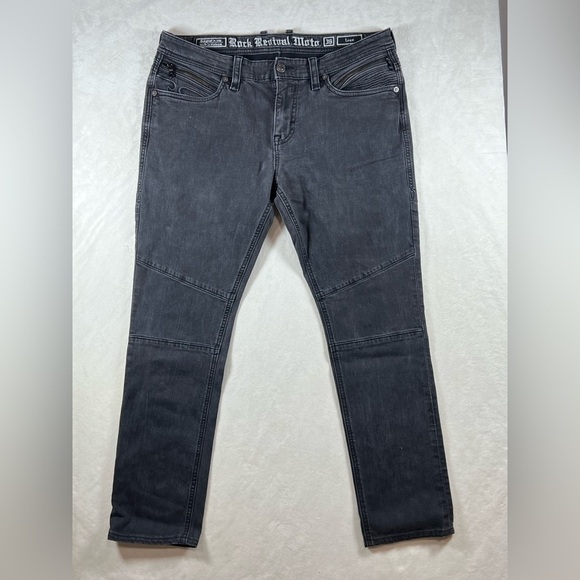 Rock Revival Moto Size 36W 29L Men's Distresses Faded Black Jeans Biker Jeans - Picture 1 of 15